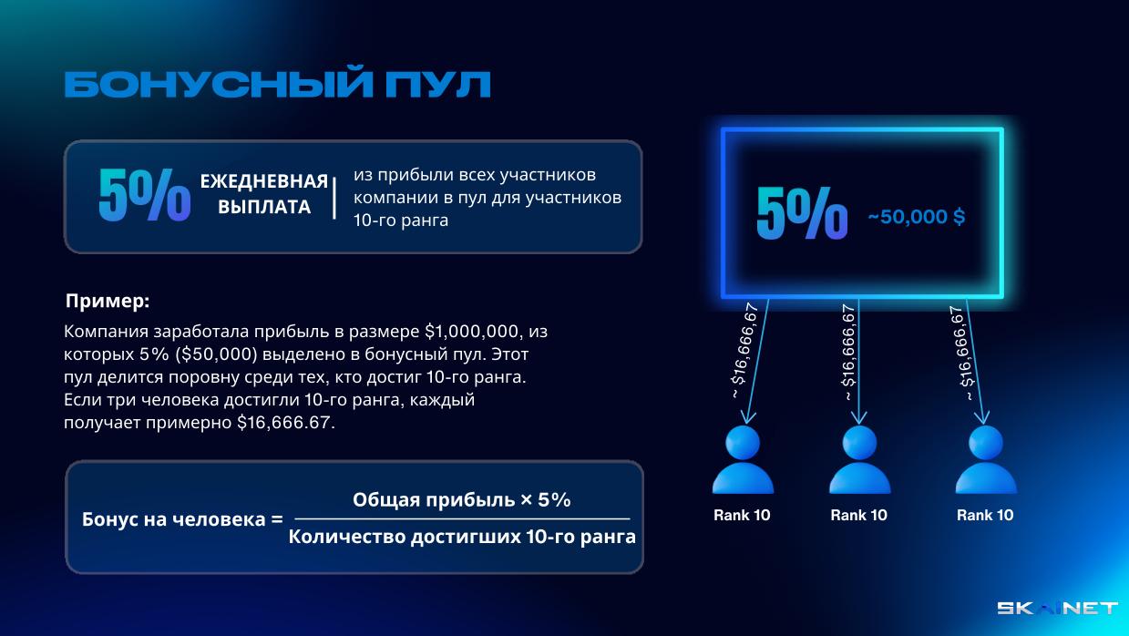 5% штодзённай выплаты ад прыбытку ўсіх кліентаў кампаніі ў пул рангу 10.